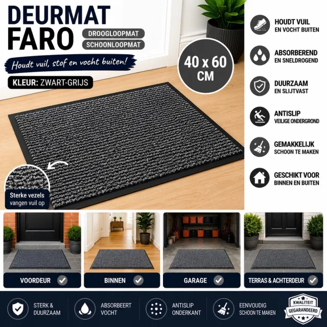 Wicotex Deurmat - Schoonloopmat Faro - Afmeting 40x60cm - Kleur Zwart - Grijs