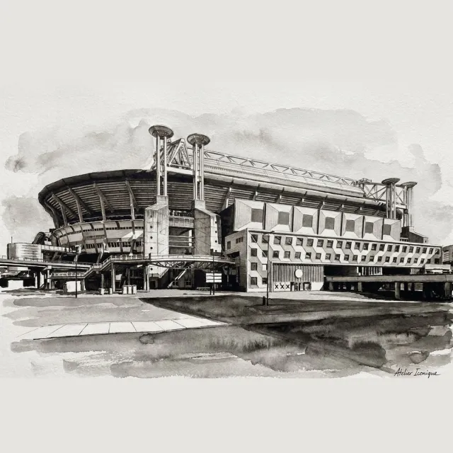 Atelier Iconique Johan Cruijff ArenA Ajax Black and White Ink Wash Stadiums - Print op Canvas 90x60 cm - Atelier Iconique zwart
