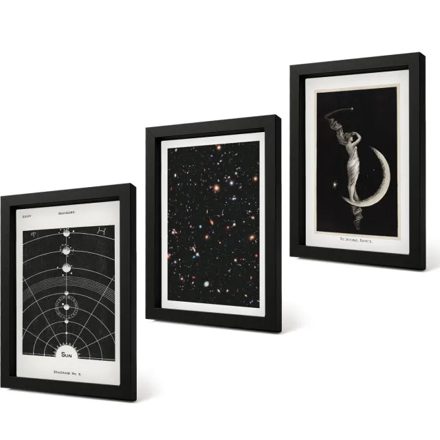 Coloray 4-Delige Schilderij Set - Sterrenstelsel in het zonnestelsel 's nachts Figuur op de maan - 20 x 30 cm - Decoratieve Schilderijen - Wanddecoratie - Hal Zwarte lijst
