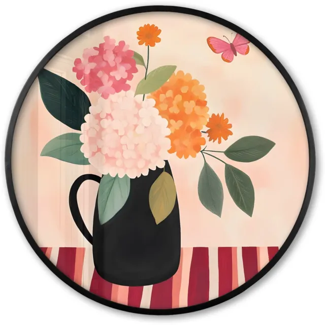 FrameYourWall Poster in lijst Rond - Fotolijst 80x80 cm - Posters - Vaas - Bloemen - Vlinder - Rood - Ronde posterlijst zwart - Decoratie - Wanddecoratie woonkamer - Muurdecoratie slaapkamer