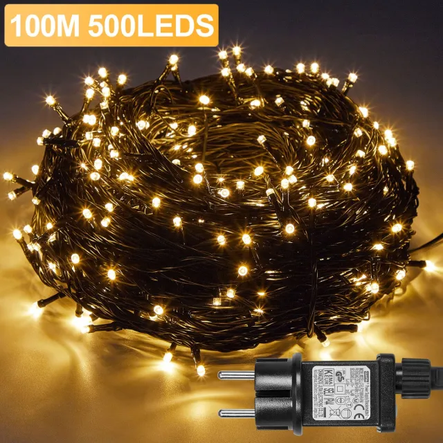 Rosnek LED Kerstverlichting Binnen/Buiten - 100M 500LEDs Warm Wit Lichtsnoer - met 8 modi, Timer & Geheugenfunctie - IP44 Waterdicht Kerstboomverlichting voor Tuin, Feest & Huis