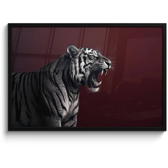 FrameYourWall Poster in lijst - Fotolijst 90x60 cm - Posters - Tijger - Brult - Bordeaux - Posterlijst zwart - Decoratie - Wanddecoratie woonkamer - Muurdecoratie slaapkamer Tijger - Brullen