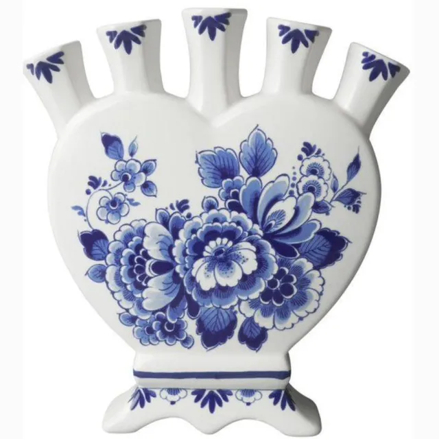Heinen Delfts Blauw Tulpenvaas - Hartvormig - Landschap en Bloemen - 18 cm Delfts blauw
