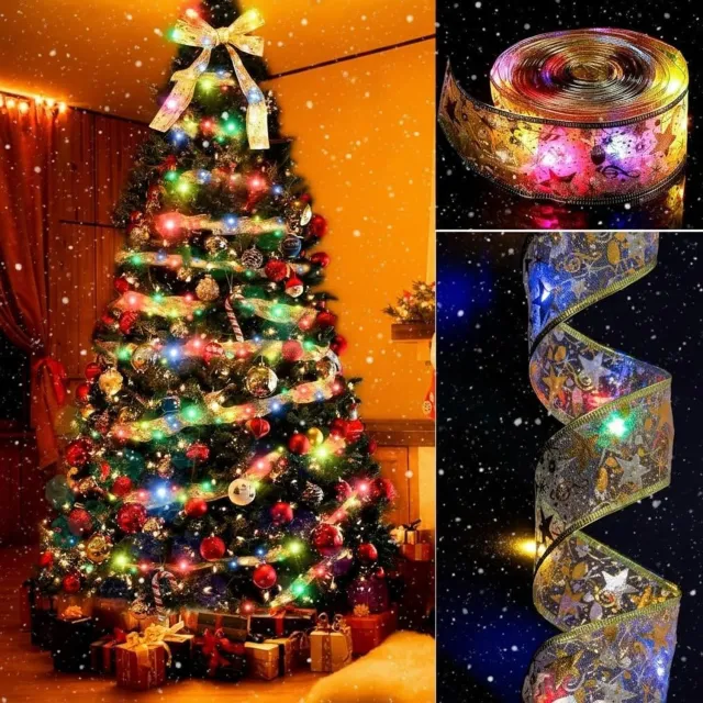 Nosheir LED lichtslinger 10 m met USB – Lichtsnoer in lintvorm – 100 LED – Goudkleurig lint met foliedruk – Kleurrijk licht – Voor kerstboom, party en feestdecoratie – Breedte 5 cm