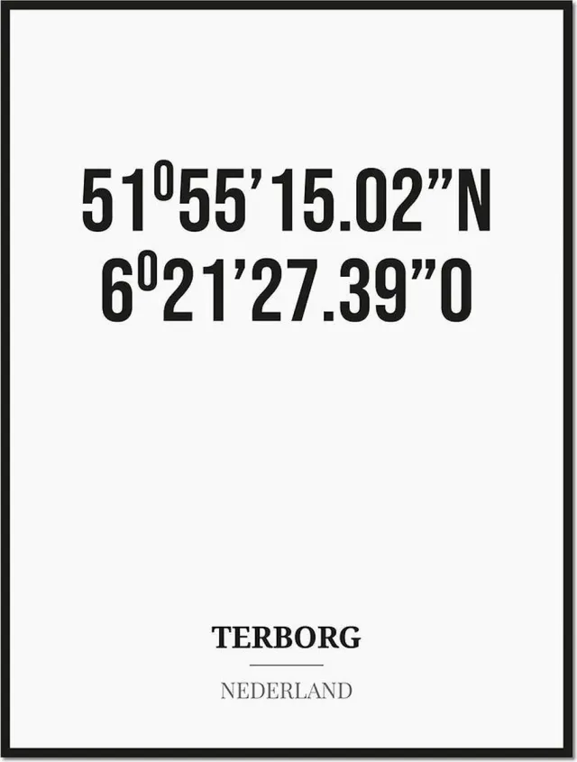 Studio216 Poster/kaart TERBORG met coördinaten zwart, wit