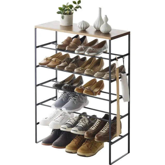 Yamazaki Schoenenrek met Houten Bovenblad - 6 niveaus - Tower - Zwart