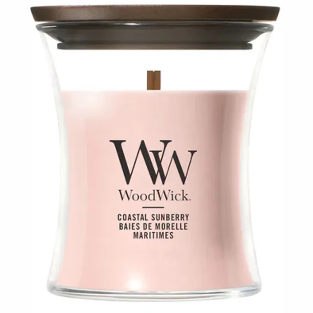 Woodwick Hourglass - Coastal Sunberry - Mini Geurkaars - Tot 30 branduren Roze