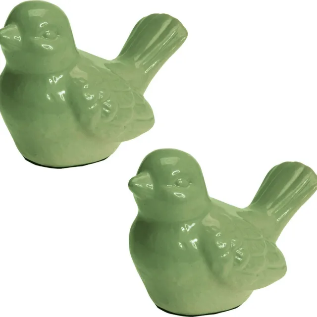 Pro Garden Tuinbeeldje - 2x - vogel - roze - porselein - L12 x B7 x H9 cm - vogel beeldje Groen