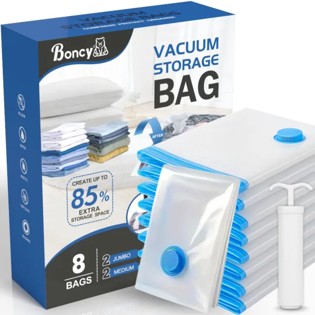 Boncy Premium Vacuumzakken Kleding & Dekbedden - Reiszakken Herbruikbaar met Pomp - Set van 8 stuks / 4 maten - Vacumeerzakken voor Reis Koffer - Vacuum Opbergzakken xxl 8-Pack
