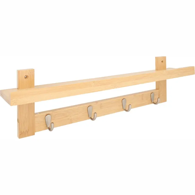 QUVIO Wandkapstok met legplank - Kapstok - Ophanghaken -Muurkapstok - Kapstokken - Halaccessoires - Garderoberek - Kapstok hout - 12 x 61 x 18 cm Lichtbruin