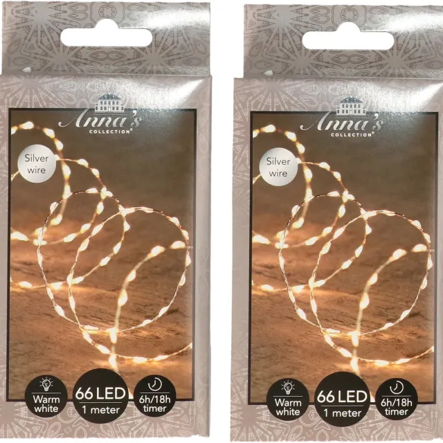 Anna's Collection Draadverlichting lichtsnoer - 2x - 66 led lampjes - warm wit - zilver draad - 100 cm - lichtdraad - kerstverlichting