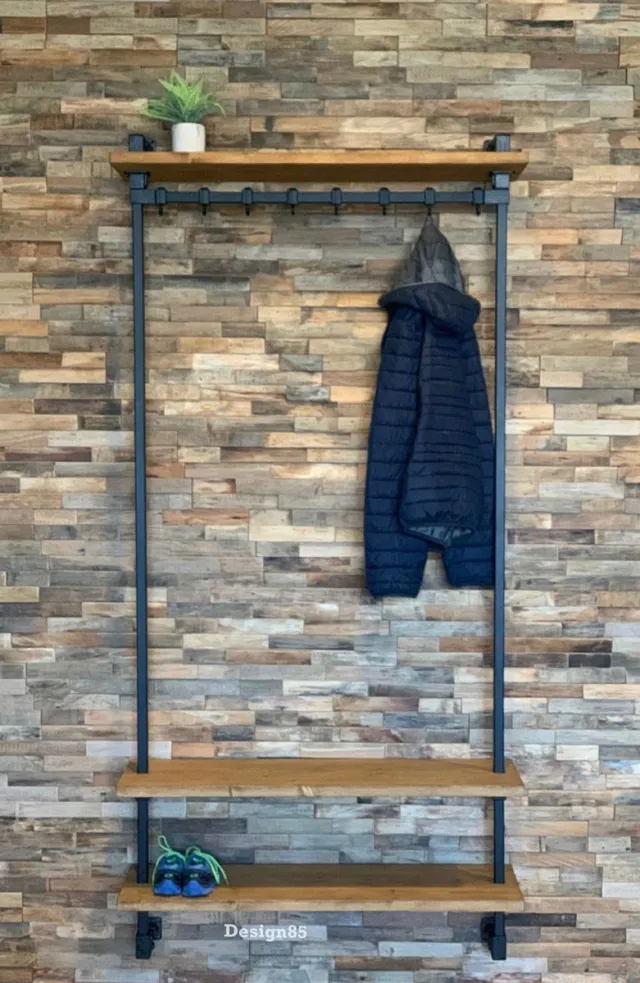 Desing85 Industriële Wandkapstok Zwart 100 cm – Steigerbuis Kapstok met Plank – Hout & Zwart Staal – Design85