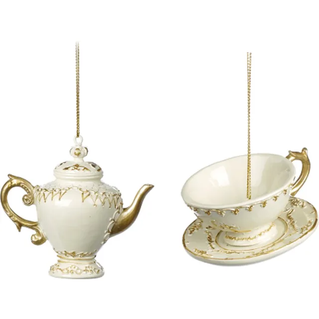 Goodwill Kersthanger Thee Pot-Thee Kopje - Crème-Goud - 7.5 Cm - Voordeelaanbod Per 2 Stuks Goud, creme