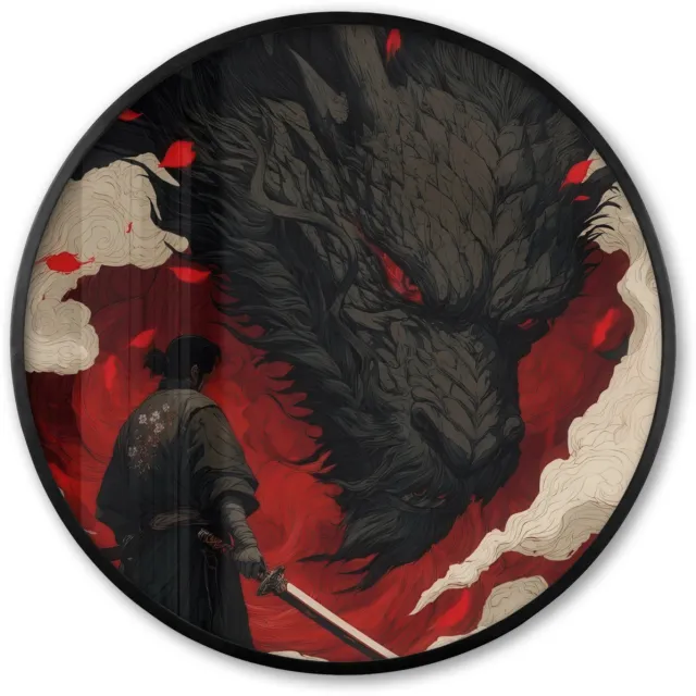 FrameYourWall Poster in lijst Rond - Fotolijst 80x80 cm - Posters - Krijger - Draak - Zwart - Rood - Rook - Ronde posterlijst zwart - Decoratie - Wanddecoratie woonkamer - Muurdecoratie slaapkamer Krijger - Draak - Rook