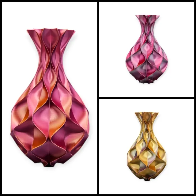 Layerzz Vaas Wave Elegance - 3-D print - voor droogbloemen en zijdebloemen - modern - kleurrijk - Goud zilver roze
