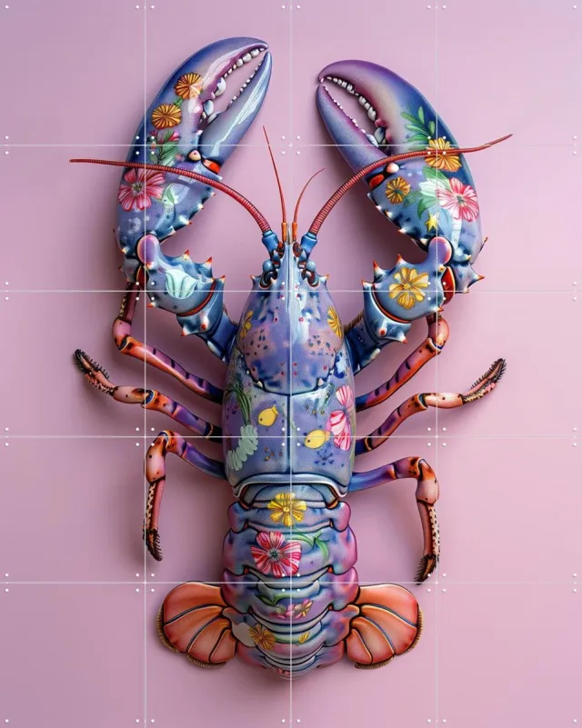 IXXI Purple Flower Lobster, OTTI - 80 x 100 cm - Grote wanddecoratie en posters - Digitale Kunst, Speels, Woonkamer, Strandhuis, Fantasie, Bloemen Paars