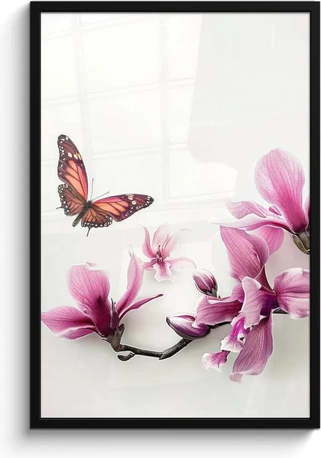 FrameYourWall Poster in lijst - Fotolijst 60x90 cm - Posters - Bloesem - Vlinder - Roze - Natuur - Wit - Posterlijst zwart - Wanddecoratie badkamer - Muurdecoratie WC - Decoratieve accessoires - Toilet muur decoratie Bloem - Vlinder