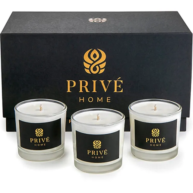Privé Home set van drie Luxe Geurende Soja Kaarsen met de geuren Delice d'Orient - Safran & Ambre Noir - Black Woods Wit