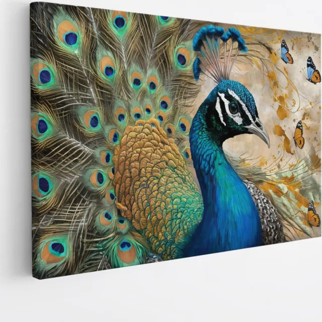 Saammp Canvas Schilderij - Pauw met vlinders - Dieren - Natuur - 150x100 - Foto op canvas - Wanddecoratie - muurdecoratie Woonkamer - Slaapkamer decoratie - Canvas Print Multicolor