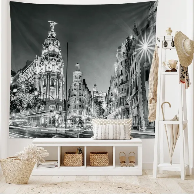 ABAKUHAUS Zwart-Wit Wandtapijt, Madrid 's Nachts, Woonkamer Slaapkamer Wanddoek Zijdezacht Satijn Wandtapijt, 200 x 150 cm, Zwart Wit Grijs