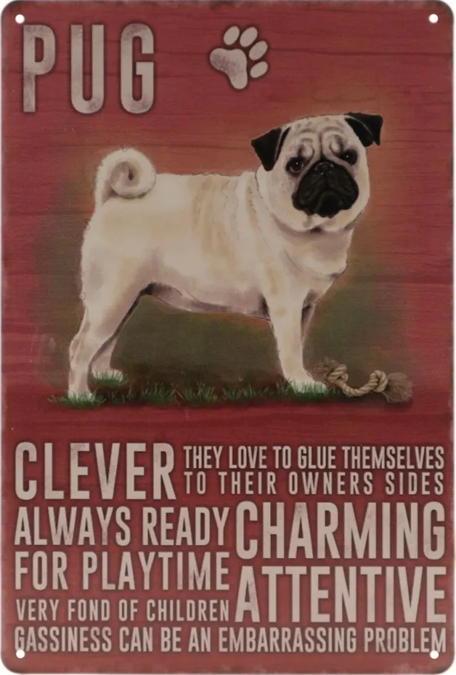 Vintage art Wandbord – Pug - Mops – Hond – Huisdier - Retro - Wanddecoratie – Reclame bord – Restaurant – Kroeg - Bar – Cafe - Horeca – Metal Sign – 20x30cm Multi