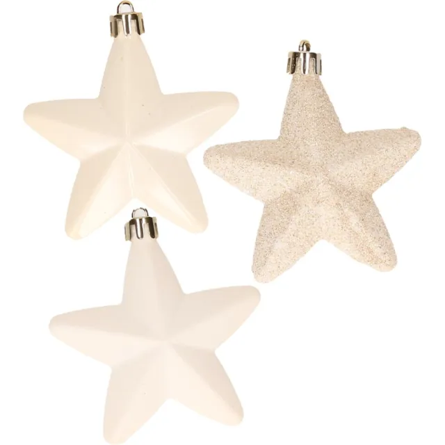 Decoris Kerstornamenten sterren - kunststof - 6x st - creme wit - 7 cm