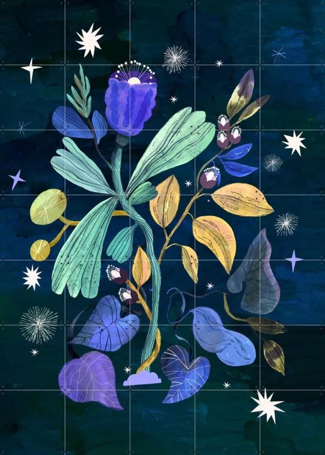 IXXI Spring Flowers Awakening, Lena Addink - 100 x 140 cm - Grote wanddecoratie en posters - Speels, Kleurrijk, Fantasierijk, Illustraties, Art Groen / Paars / Blauw