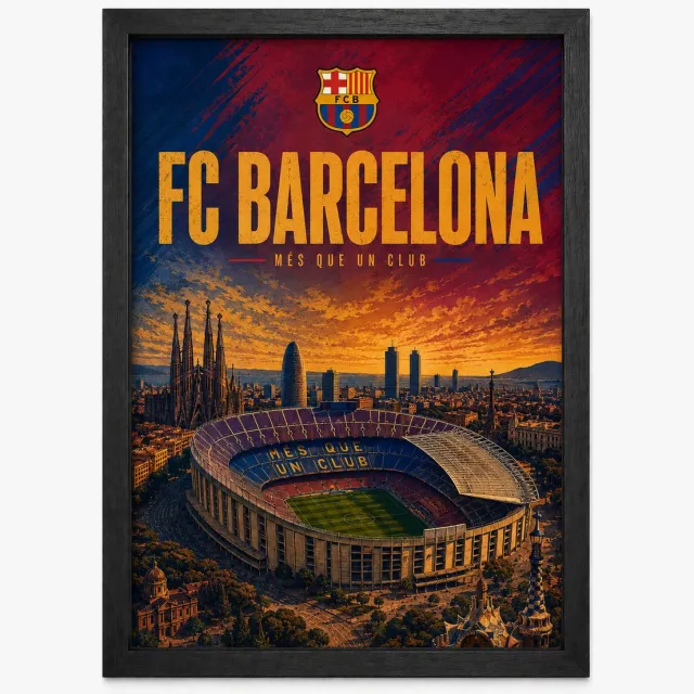 Joshimo FC Barcelona Poster | Camp Nou Vintage Art Print | Retro Voetbal Poster | Inclusief Zwarte A4 Lijst