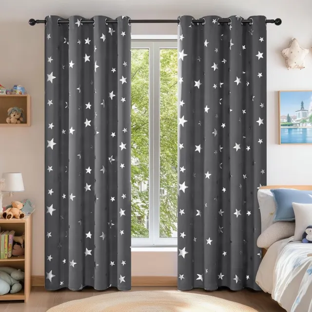 Deconovo Set van 2 thermische verduisteringsgordijnen met oogjes, sterrenpatroon voor woonkamer, 140 x 180 cm (b x h), donkergrijs