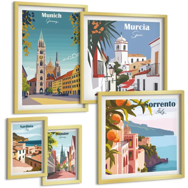 Coloray 5-Delige Schilderij Set - Beelden Van Architectuur En Landschap In Europese Steden - 50 x 50 cm, 20 x 30 cm En 40 x 60 cm - Wanddecoratie - Schilderijen Set - Interieur - Moderne Wanddecoratie Gouden lijst
