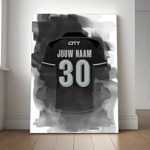 FC Barcelona Man City voetbalposter met personalisatie - Met eigen naam en rugnummer - A1 formaat - 59.4x84.1 cm - Semi/ glossy papier - Voetbal shirt poster - Geïnspireerd op de kleuren van Manchester City en een beetje fantasie Man City Kleuren