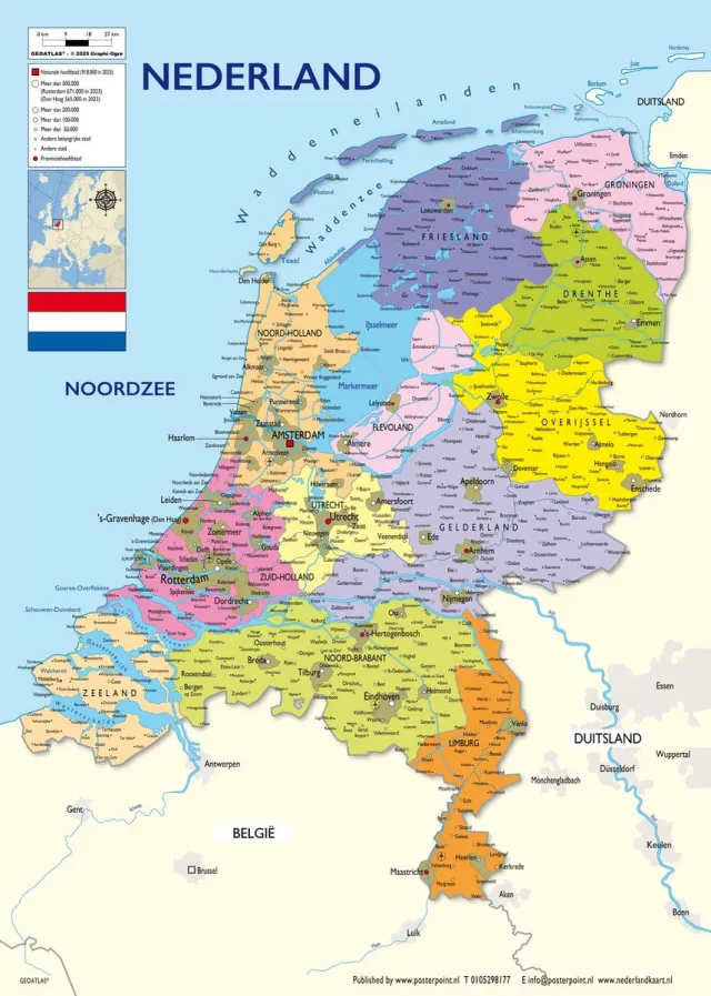 Posterpoint - Nederland kaart.nl XXL Nederland kaart poster - Editie 2025 – UV-lak - Luxe uitvoering - extra large - 100 x 140cm multi
