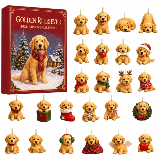 SWGOTA Golden retriever adventskalender 2026 met 24 verschillende hondenhangers en rode kalenderdoos met wintertafereel Bruin