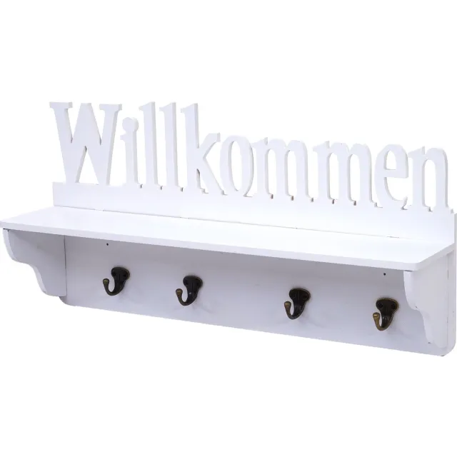 MCW Wandkapstok MCW-D41 Welkom, kapstok plank, 4 haken solide 30x60x13cm ~ wit