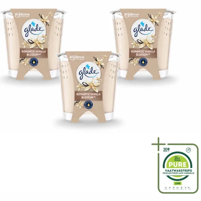Glade 3 x Glade - Geurkaars Romantic Vanillebloesem - 100% Raapzaadwas & Vegan - 112 g - Grootverpakking - Vaatwasstrips - Romantische Kaars - Geurkaars - Vegan Kaars - Warme Geur - Amber Geur crème