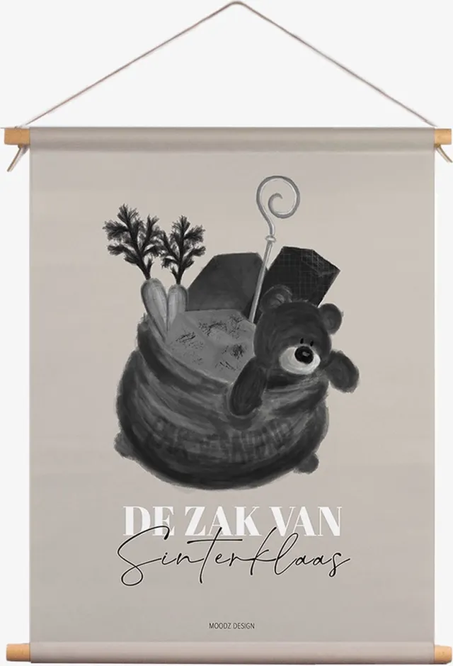 MOODZ design Textielposter | De zak van Sinterklaas | Sinterklaasfeest | 40x50 cm Bruin
