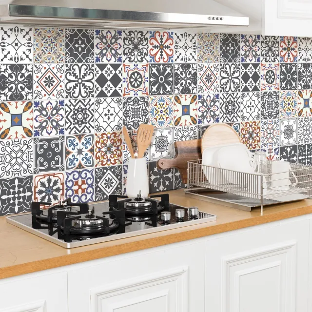 Ambiance Sticker Zelfklevende muurstickers voor cementtegels in keuken en badkamer - 24 cementtegelstickers, Azulejos bloemendesign - 24 stickers, 15x15cm Multi color