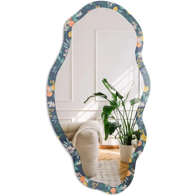 Coloray Oranje Bladeren Spiegel - Marine Stijlvolle Wandspiegel - Organische Spiegel - Woonkamer, Keuken, Kantoor - Illustratief - 45x90 cm - Totale afmeting 52x97 cm Oranje Bladeren, Marineblauw