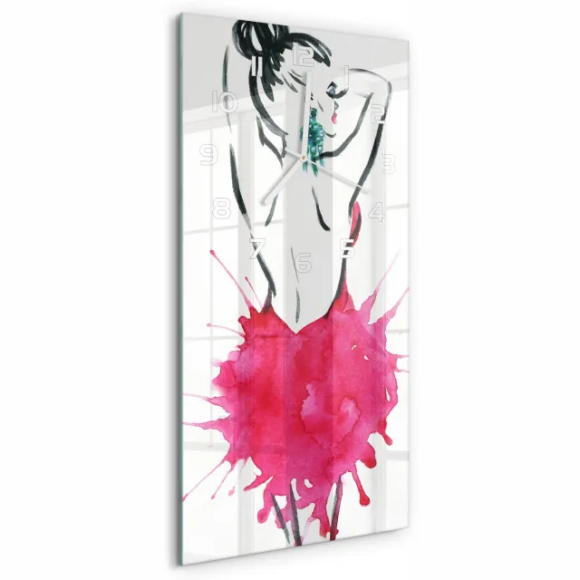 TULUP Wandklok - Mode-illustratie Glazen Wandklok Design - 30x60 cm - Roze Klok Glas Met Opdruk - Witte handen - Rechthoekige Klok - Wandklok Glas Met Motief - Decoratieve Glazen Klok
