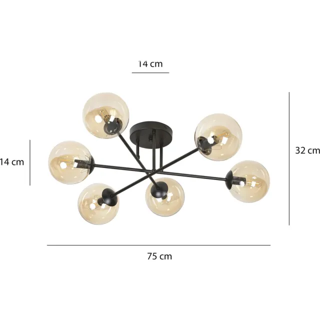 Emibig Kangasala ronde speciale 6L plafondlamp zwart met amberkleurige bollen E14 - Perfecte verlichting voor elke slaapkamer Zwartachtig