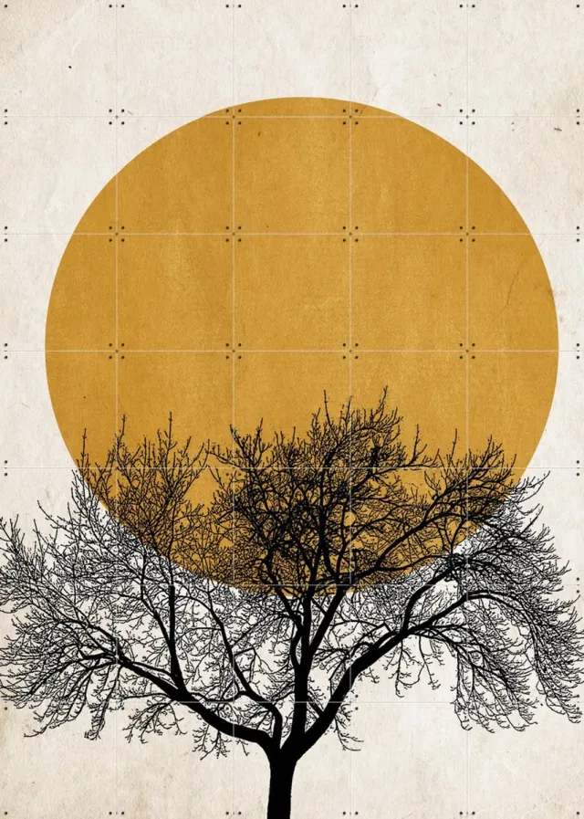 IXXI Wintermorgen, Kubistika - 100 x 140 cm - Grote wanddecoratie en posters - Minimalisme, Abstract, Geometrische Kunst, Woonkamer, Slaapkamer, Zon Goud