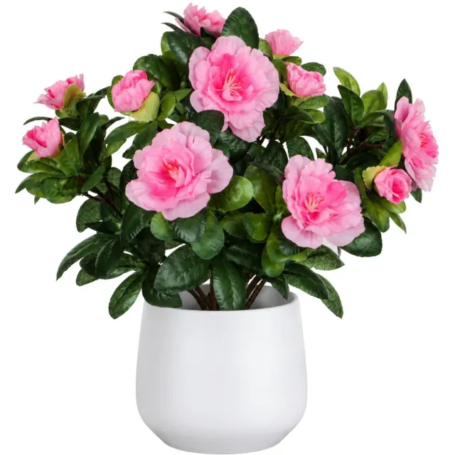 Mica Decorations Kunstplant - Azalea roze - H27 cm - in witte bloempot - keramiek - complete set van pot en plant - decoratie stuk