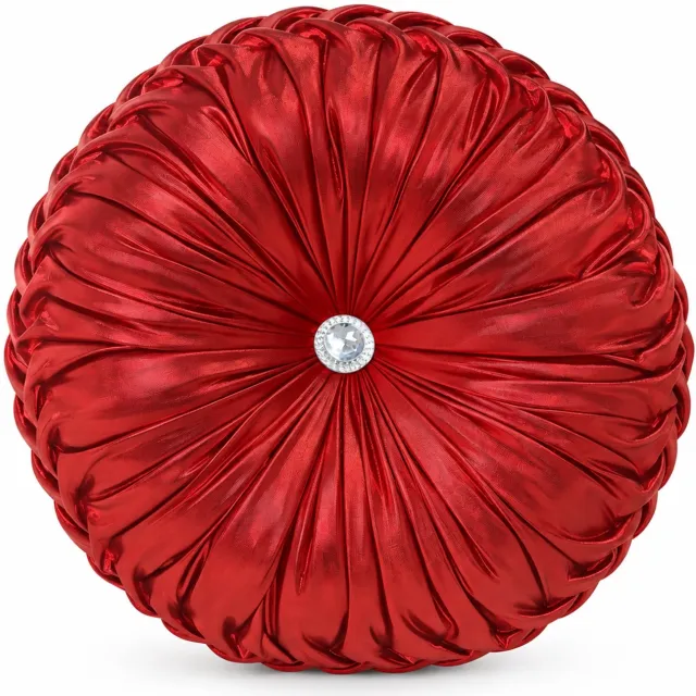 SWGOTA Rond rood sierkussen, diameter 35 cm, dikte 10 cm, glanzende polyester buitenkant met plooien en decoratief middenstuk