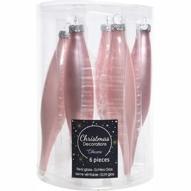 Decoris 6x Lichtroze glazen pegels kerstballen 15 cm - Glans/mat - Kerstboomversiering ijspegels roze Licht roze