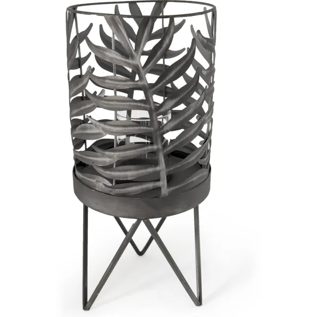 Home Society Windlicht - antracietgrijs metaal met blad design - 44 cm
