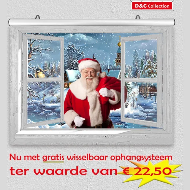 D&C Collection Winterdoek - tuinposter - kerst poster - 60x45 cm - doorkijk - wit venster met Kerstman en sneeuw landschap - winter poster - kerst decoratie- kerstinterieur - kerst wanddecoratie wit, rood
