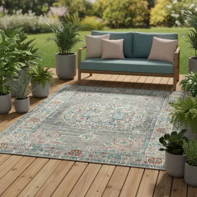 TapisTrend Designer tapijt Grijs 240x340 cm Vintage oosters binnen-/buitenkleed met bloemenmedaillon voor woonkamer, terras en balkon
