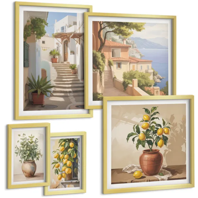 TULUP 5-Delige Schilderij Set - Stijlvol interieur met planten en pittoreske straatjes - 50 x 50 cm, 20 x 30 cm en 40 x 60 cm - Stijlvolle Wanddecoratie - Interieur - Decoratieve Schilderijen Gouden lijst