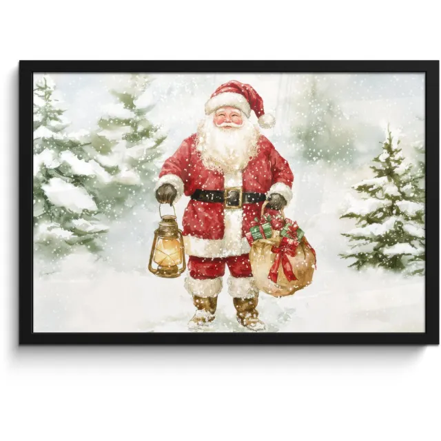 FrameYourWall Poster in lijst - Fotolijst 60x40 cm - Posters - Kerstman- Winter - Sneeuw - Wit - Rood - Posterlijst zwart - Decoratie - Wanddecoratie woonkamer - Muurdecoratie slaapkamer - Kerstversiering - Kerstdecoratie voor binnen - Kerstmis