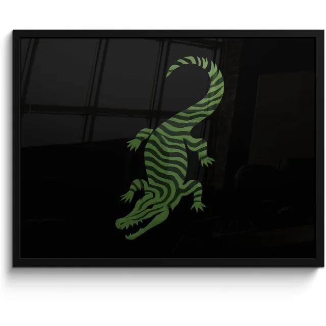 FrameYourWall Poster in lijst - Fotolijst 80x60 cm - Posters - Krokodil - Groen - Tijgerachtig - Strepen - Posterlijst zwart - Decoratie - Wanddecoratie woonkamer - Muurdecoratie slaapkamer Krokodil - Strepen